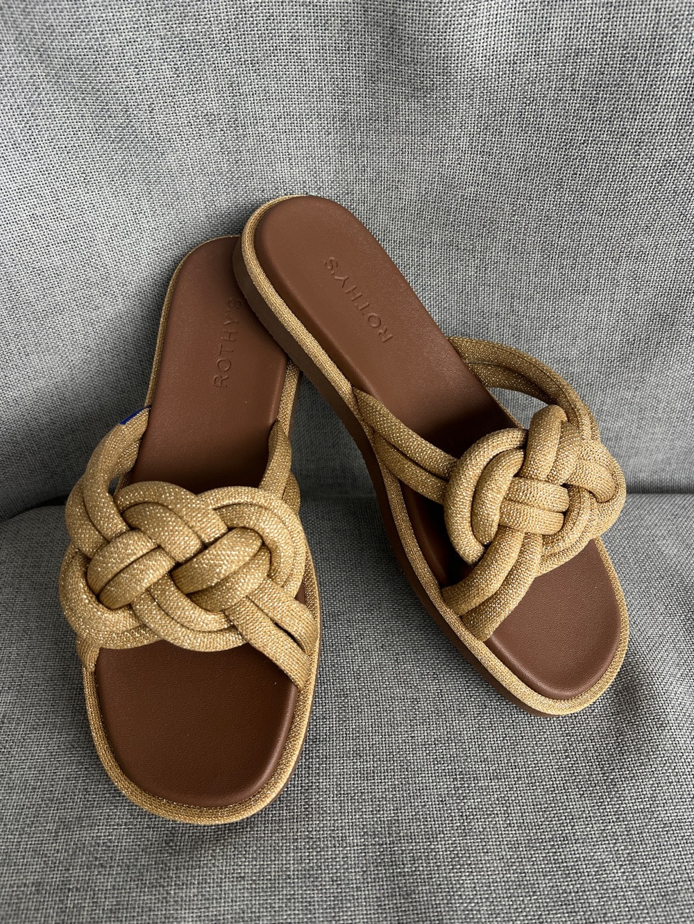Rothy’s The Summer Sandal Textile Knot sandals Beige GOLD LUREX brown size 9